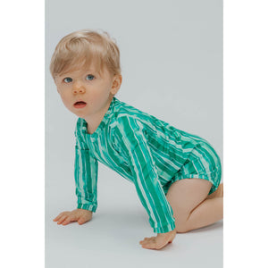 Moda Praia para Bebês, Body Manga Longa com Proteção UV, para as Idades 3 meses a 2 anos. Na Estampa, Listras Verdes, da Lili Sampedro.