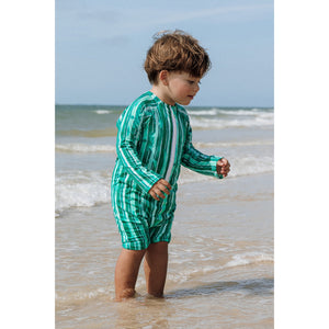 Moda Praia para Bebês, com Proteção Contra os Raios Nocivos Do Sol, para idade de 9-12 meses a 14 anos. Na Estampa Tropicais, Listras Verdes, da Lili Sampedro.