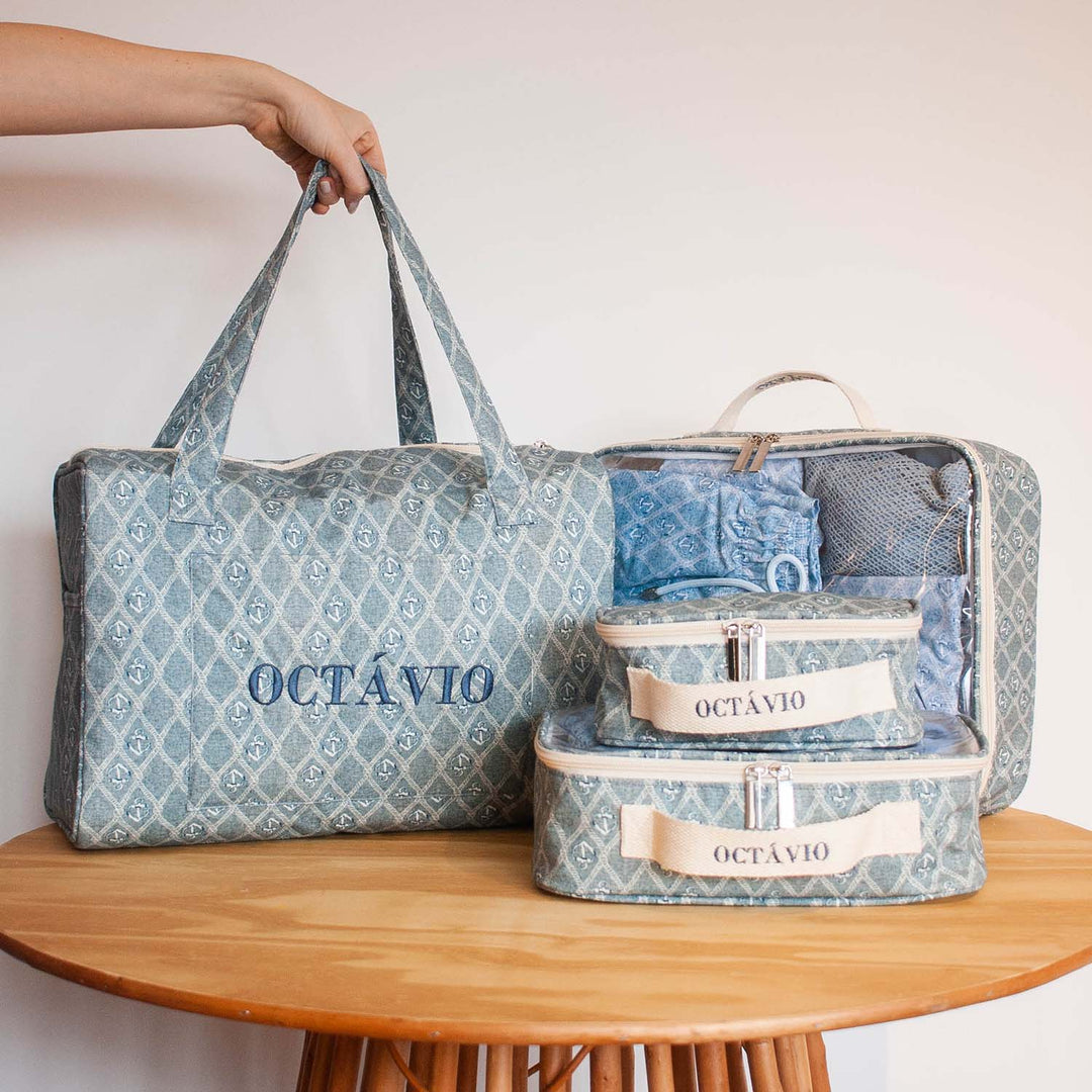 Trio de Organizadores com mala de viagem combinando na estampa Xadrez Rosa