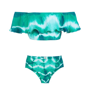 Biquíni adolescente com top ciganinha e calcinha cintura alta tipo hot pants na cor Tie Dye Verde da Lili Sampedro Moda Praia 