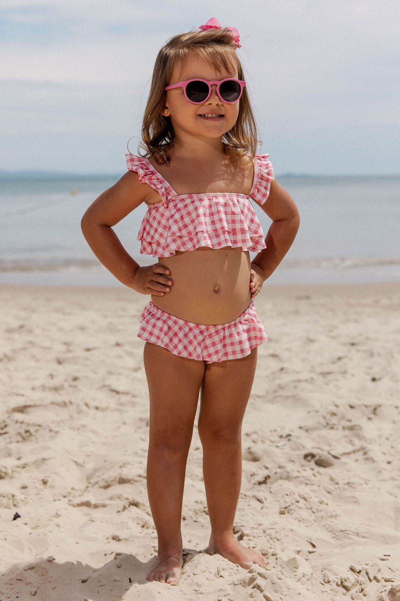 Moda Praia Infantil, Biquíni para Bebês e Crianças, com o Proteção UV, da Lili Sampedro na Estampa, Vichy Rosa.