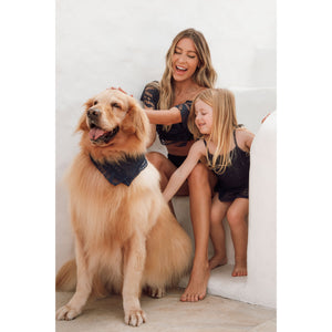 Cachorro combinando com Mae e Filha de biquínis iguais na praia de Renda Azul Marinho da Lili Sampedro