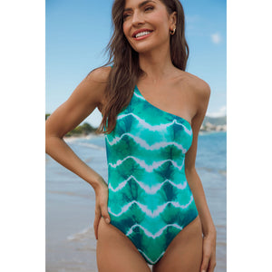 Maio de praia feminino Tie Dye Verde de um ombro só com costura embutida da Lili Sampedro Moda Praia Feminina