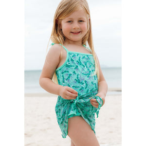 Maio de praia infantil feminino com babadinho e lacinhos, na estampa lavanda da Lili Sampedro