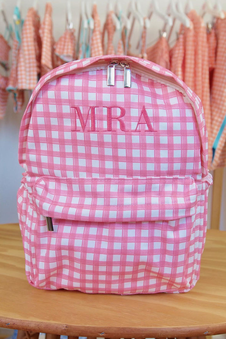 Mochila infantil com bordado personalizado na estampa Vichy Rosa