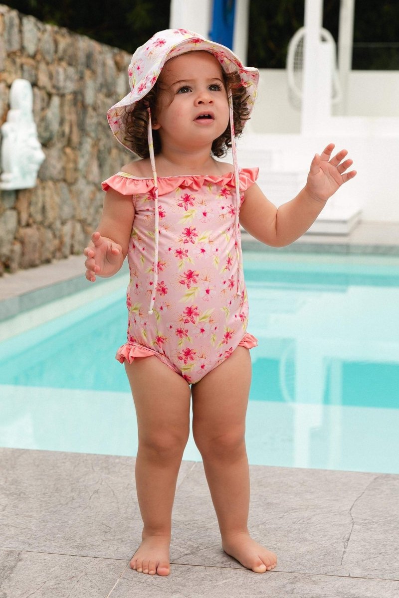 Maiozinho de praia infantil para bebês com chapeuzinho combinando em estampa exclusiva Hibiscos