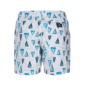 Short Adulto Masculino de Praia na Estampa Barcos Off White da Collab Nautica da Lili Sampedro e Charada Conceito