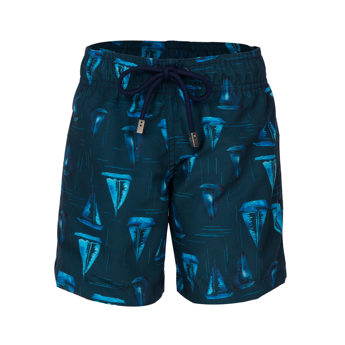 Short Infantil Masculino de Praia na Estampa Barcos Azul Marinho da Collab Nautica da Lili Sampedro e Charada Conceito