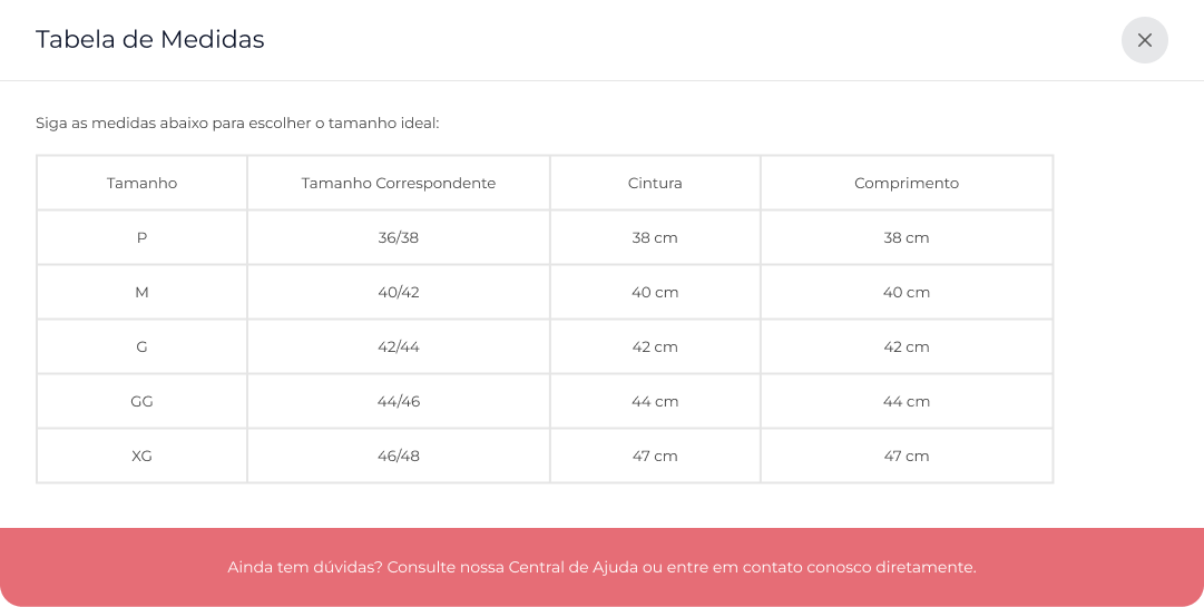 Tabela de medidas