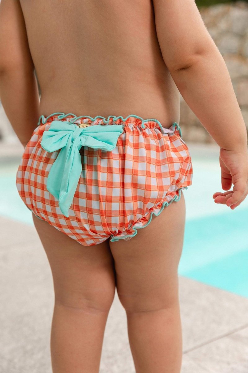 Tapa Fralda na estampa Vichy Laranja com laço no bum bum