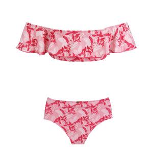 Biquíni Adolescente da Lili Sampedro na estampa Cacao Rosa, Moda Praia Infantil, Modelo Hot Pants com Top Ciganinha