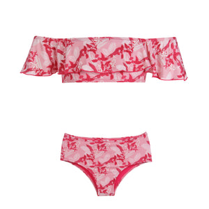 Biquíni Adolescente da Lili Sampedro na estampa Cacao Rosa, Moda Praia Infantil, Modelo Hot Pants com Top Ciganinha