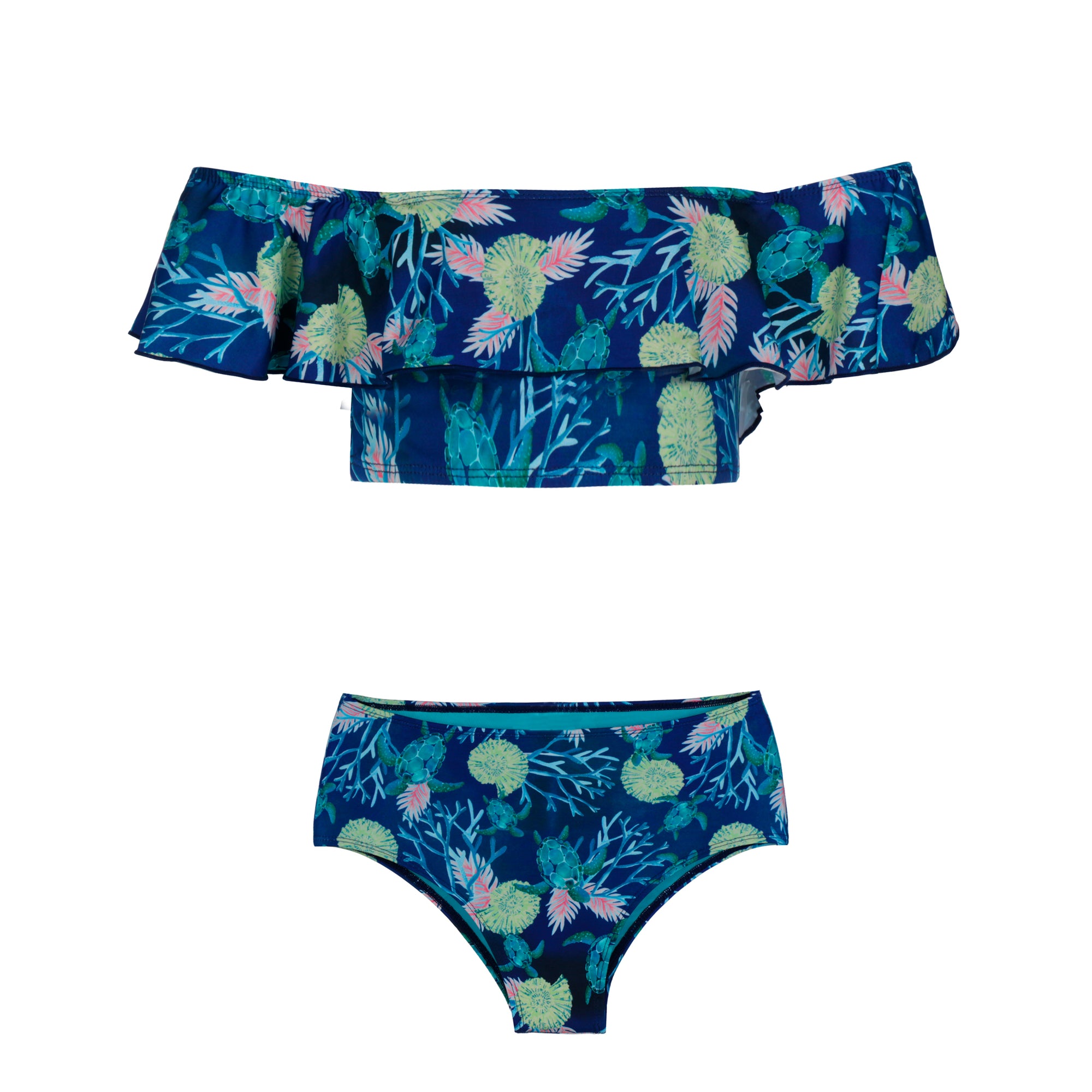 Biquíni Adolescente de Moda Praia Infantil com Top Ciganinha e Calcinha Hot Pants na Estampa Tartaruga Azul Marinho da Lili Sampedro