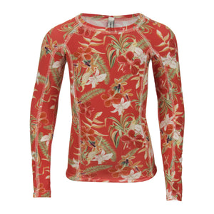 Camiseta UV Infantil de Praia Estampado de Lycra da Lili Sampedro na Estampa Flores Vermelhas