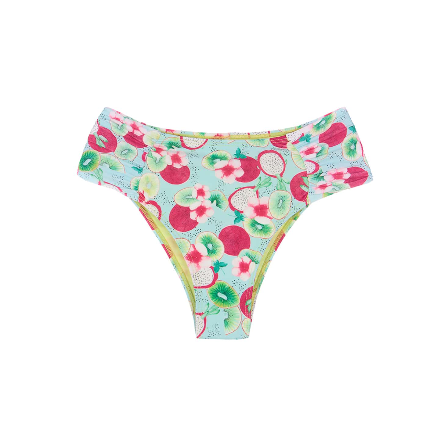 Calcinha de Biquíni Juliana Drapeada nas Laterais com Cintura mais alta e cobertura media na estampa Kiwi e Pitaya da Lili Sampedro Moda Praia