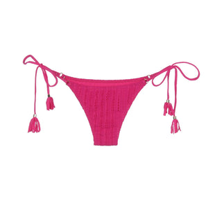 Calcinha Cortininha de Renda de Lycra na Cor Rosa com Lacinhos com Detalhes de Franja da Lili Sampedro Moda Praia Brasileira