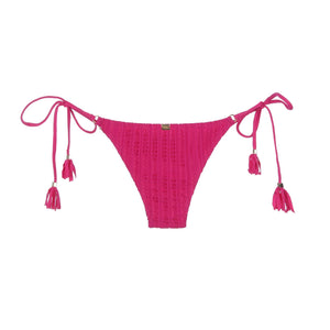 Calcinha Cortininha de Renda de Lycra na Cor Rosa com Lacinhos com Detalhes de Franja da Lili Sampedro Moda Praia Brasileira