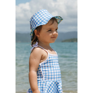Chapéu Infantil de Lycra de Praia para Criancas Dupla Face na Estampa Vichy e Limoes Unisex da Lili Sampedro Moda Praia Família