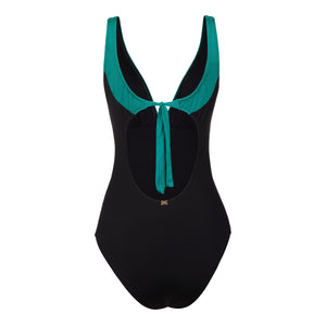 Maio Feminino Moda Praia, Helena, com decote V, bi-color Preto e Verde Esmeralda da Lili Sampedro Moda Praia