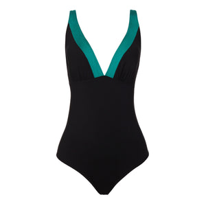 Maio Feminino Moda Praia, Helena, com decote V, bi-color Preto e Verde Esmeralda da Lili Sampedro Moda PraiaMaio Feminino Moda Praia, Helena, com decote V, bi-color Preto e Verde Esmeralda da Lili Sampedro Moda Praia