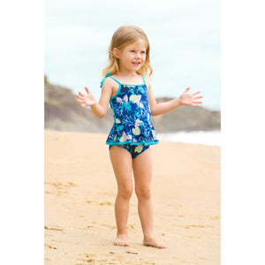Maio Infantil de Praia Feminino Com Babadinho na Saia na Estampa Tartaruga Azul Marinho da Lili Sampedro Moda Praia Infantil
