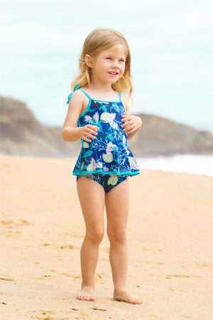 Maio Infantil de Praia Feminino Com Babadinho na Saia na Estampa Tartaruga Azul Marinho da Lili Sampedro Moda Praia Infantil