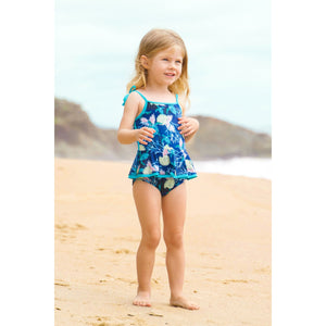 Maio Infantil de Praia Feminino Com Babadinho na Saia na Estampa Tartaruga Azul Marinho da Lili Sampedro Moda Praia Infantil