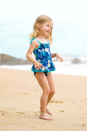 Maio Infantil de Praia Feminino Com Babadinho na Saia na Estampa Tartaruga Azul Marinho da Lili Sampedro Moda Praia Infantil