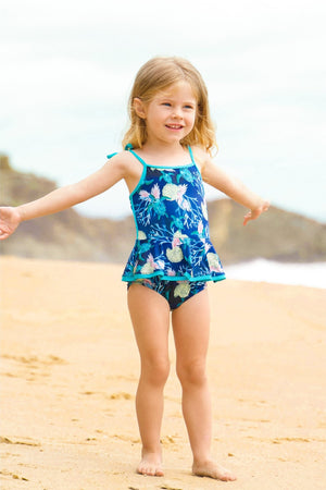 Maio Infantil de Praia Feminino Com Babadinho na Saia na Estampa Tartaruga Azul Marinho da Lili Sampedro Moda Praia Infantil