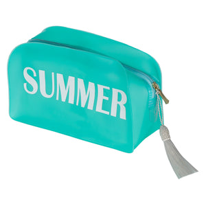 Necessaire de Silicone na Cor Verde Água com escrito SUMMER em Branco com Pompom Tassel Branco da Lili Sampedro Moda Praia