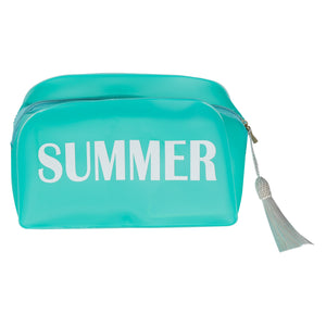 Necessaire de Silicone na Cor Verde Água com escrito SUMMER em Branco com Pompom Tassel Branco da Lili Sampedro Moda Praia