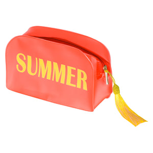 Necessaire de Silicone na Cor Coral com escrito SUMMER em Amarelo com Pompom Tassel Amarelo da Lili Sampedro Moda Praia