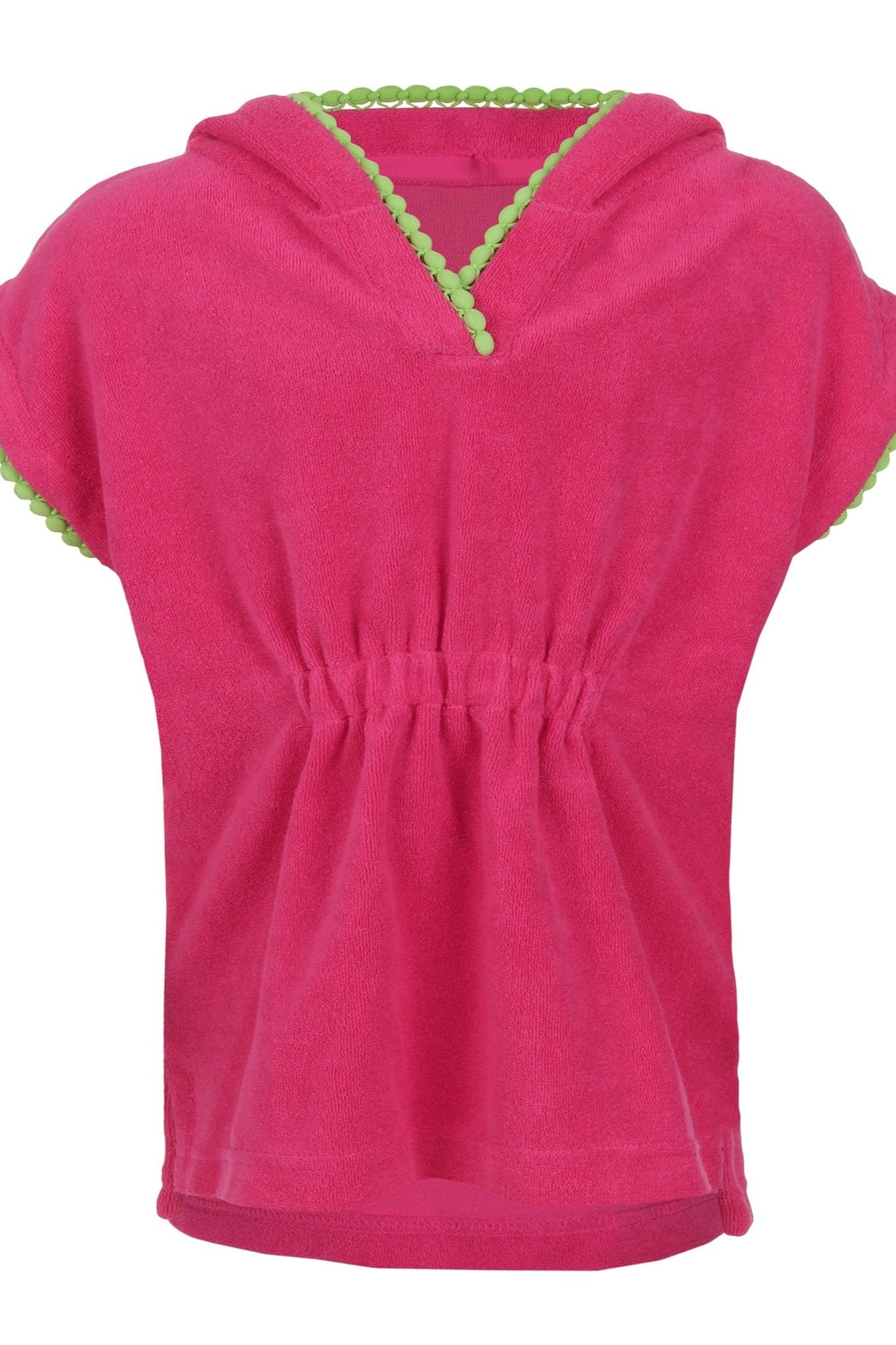 Roupao Atoalhado Infantil para Praia e Piscina na Cor Rosa Coral com Detalhes em Verde Lima da Lili Sampedro para IDades de 1 ano a 8 anos