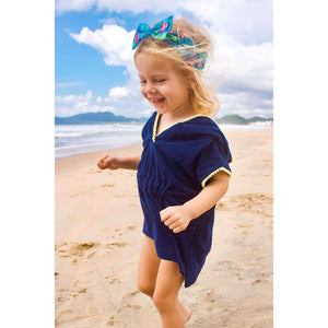 Roupao Infantil para Praia Atoalhado na cor Azul Marinho com detalhes em Amarelo da Lili Sampedro Moda Praia Infantil para idades de 1 a 8 anos