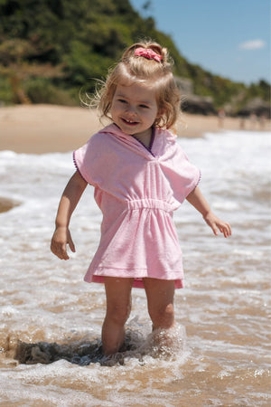 Roupao Infantil Atoalhado, na cor Rosa, com detalhes em Roxo, Infantil Feminino, Moda Praia Lili Sampedro