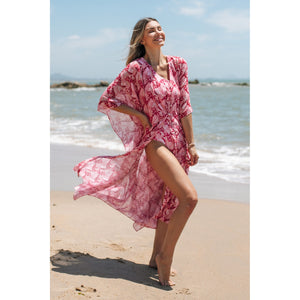 Saída de Praia Kaftan da Lili Sampedro na Estampa Cacao Rosa, Moda Praia Brasileira, Modelo Kimono Longo