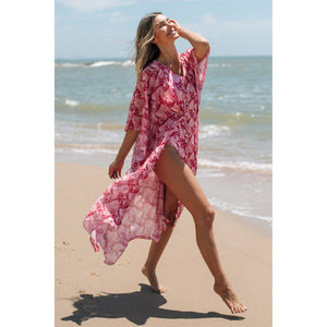 Saída de Praia Kaftan da Lili Sampedro na Estampa Cacao Rosa, Moda Praia Brasileira, Modelo Kimono Longo