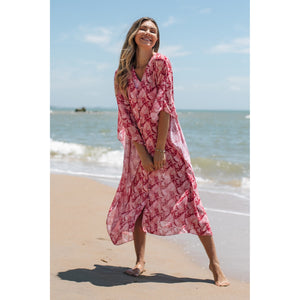 Saída de Praia Kaftan da Lili Sampedro na Estampa Cacao Rosa, Moda Praia Brasileira, Modelo Kimono Longo