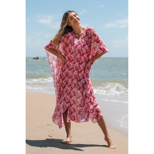 Saída de Praia Kaftan da Lili Sampedro na Estampa Cacao Rosa, Moda Praia Brasileira, Modelo Kimono Longo