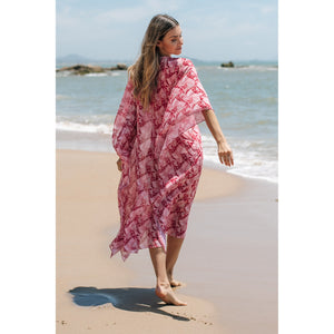 Saída de Praia Kaftan da Lili Sampedro na Estampa Cacao Rosa, Moda Praia Brasileira, Modelo Kimono Longo