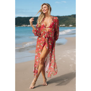 Saída de Praia Modelo Kimono, Kaftan, Aberta na frente, Comprimento Midi, Estampado Flores Vermelhas da Lili Sampedro, uma estampa com Kit Família Completo