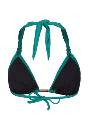 Top Nobu tipo Cortinao, Biquini Bi-Color Preto e Verde Esmeralda da Lili Sampedro Moda Praia Brasileira Beachwear