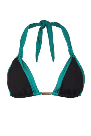 Top Nobu tipo Cortinao, Biquini Bi-Color Preto e Verde Esmeralda da Lili Sampedro Moda Praia Brasileira Beachwear