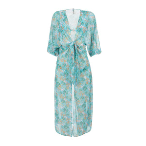 Saída de Praia Feminina Modelo Kimono Kaftan Longa Estampada Coqueiros Tiffany da Lili Sampedro Moda Praia