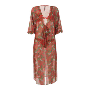 Saída de Praia Modelo Kimono, Kaftan, Aberta na frente, Comprimento Midi, Estampado Flores Vermelhas da Lili Sampedro, uma estampa com Kit Família Completo