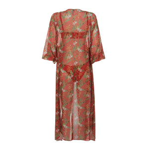 Saída de Praia Modelo Kimono, Kaftan, Aberta na frente, Comprimento Midi, Estampado Flores Vermelhas da Lili Sampedro, uma estampa com Kit Família Completo