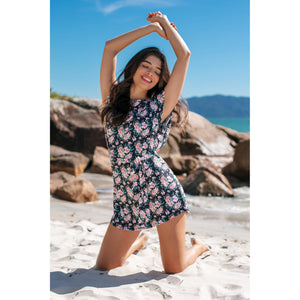 Vestido Saída de Praia, curto com cinto, feito de lycra, na estampa Floral