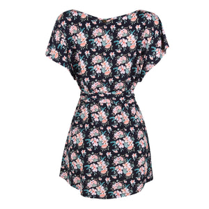 Vestido Saída de Praia, curto com cinto, feito de lycra, na estampa Floral