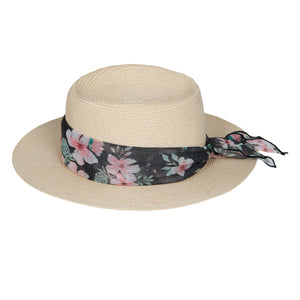 Lenço Estampado Floral amarrado em um chapéu de praia de palha, da Lili Sampedro Moda Praia Família