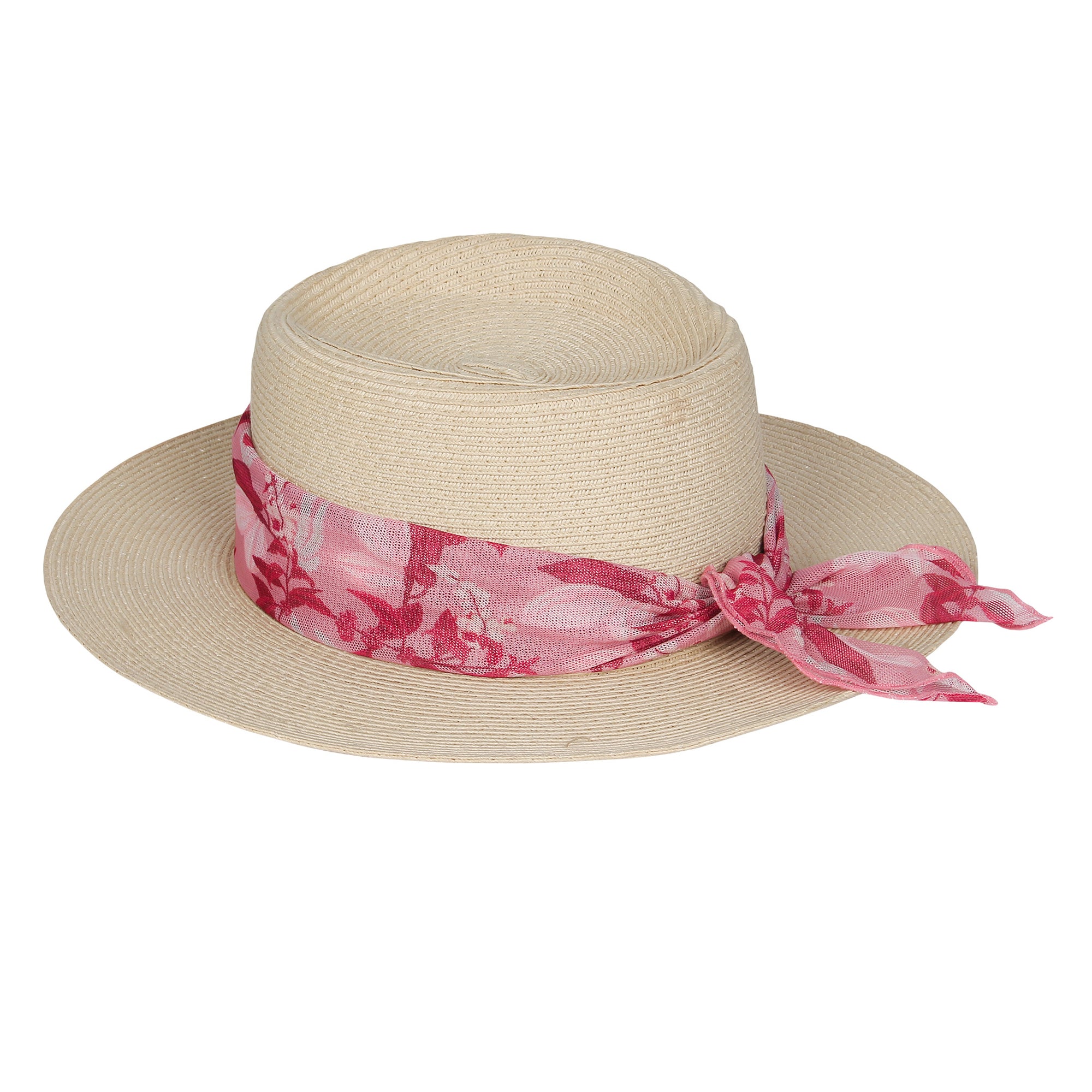 Lenço Estampado Cacau Rosa amarrado em um Chapéu de Palha da Lili Sampedro Moda Praia Família